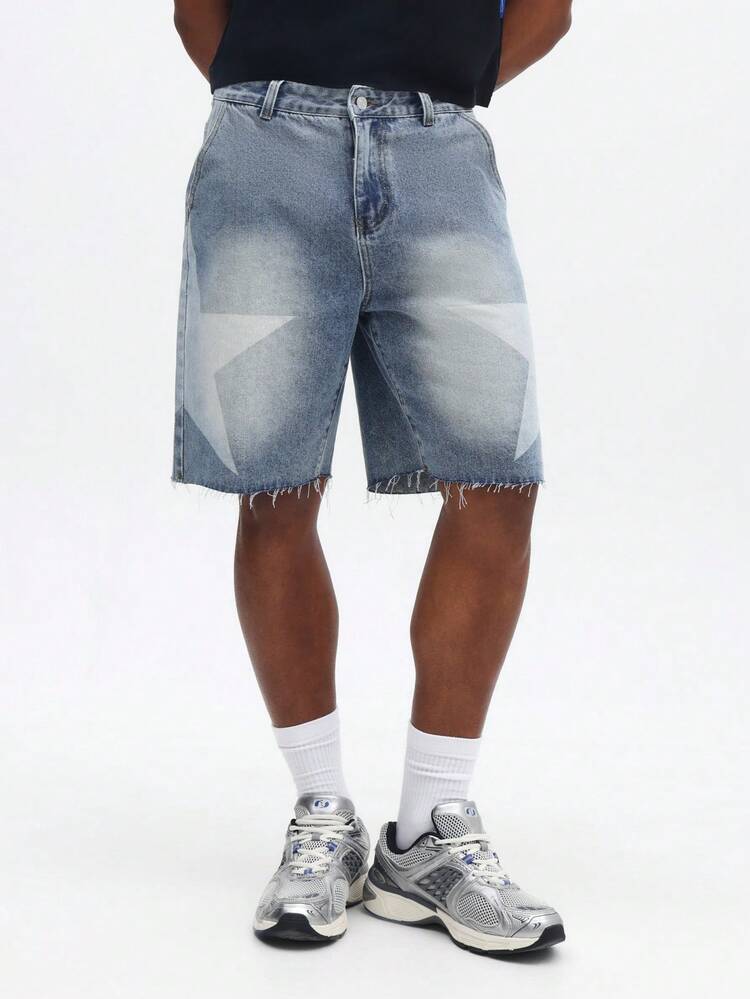 Star Printed Distressed Raw Hem Denim Shorts With Acid Wash Blue Summer Casual Relaxed Fit Streetwear Style