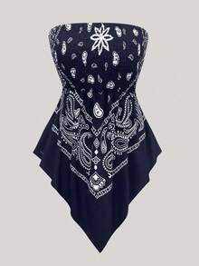 SHEIN Franclia Schwarzes bedrucktes kurzes Camisole Top, taillierter sexy Träger-Top für den Sommer; Vintage bedrucktes elastisches enges kurzes Camisole Top für den Sommer; asymmetrisches kurzes Camisole Neu Design ärmelloses Top für den Sommer - marineblau - Übersicht 7