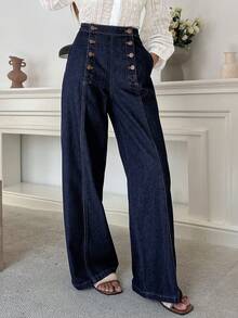 DAZY Women's Solid Color Metal Buckle Decor Casual Jeans - Blue - View 3