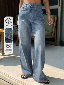 DAZY Jeans rectos de mujer con lavado y aplicaciones de rhinestones - Azul - Ver 1