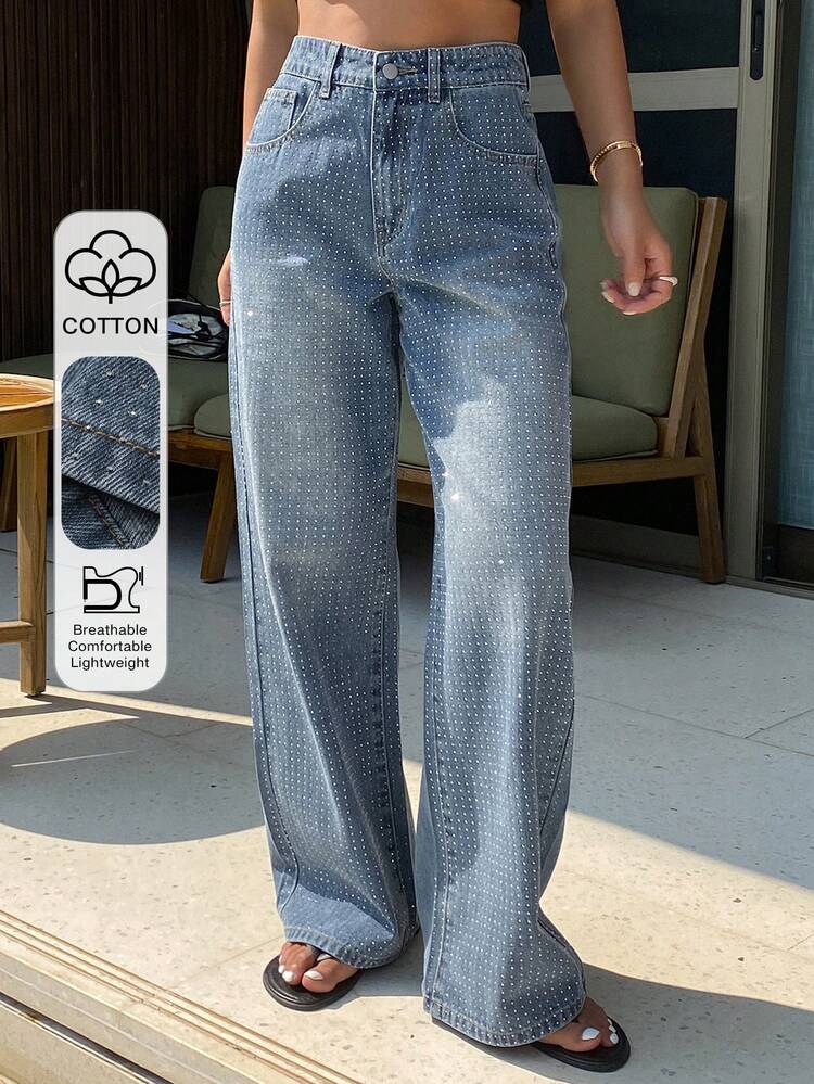 Casual Washed Rhinestone Straight-Leg Women's Jeans