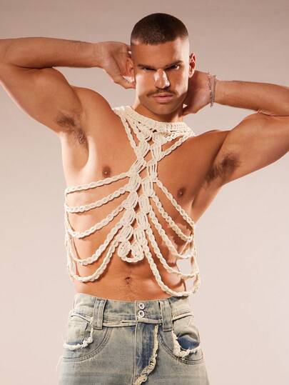 FeverCity Herren einfarbiges Top mit Cut-Out-Design, sexy ärmellos, gestrickt