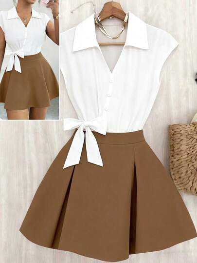 SHEIN Elenzya Nuevo conjunto de 2 piezas de diseño elegante y ajustado con cuello en V, decoración de falso pliegue y diseño de lazo en unicolor tejido para mujer, uso versátil diario