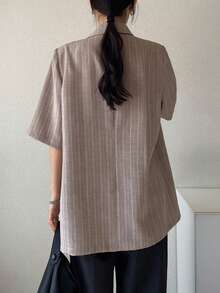 FRIFUL Women's Revere Collar Short Sleeve Striped Loose Blazer - Apricot - View 5