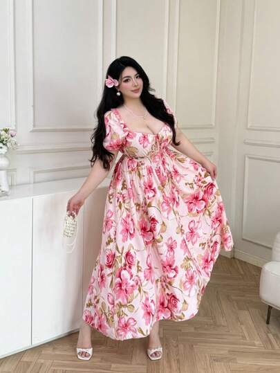 Vibekara Elegant Vintage French Vibrant Colorful Dopamine Oil Painting Print Puff Sleeve Off-The-Shoulder Convertible Neck Waist Cinched Maxi A-Line Sundress For Vacation