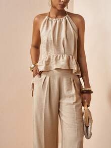 Zivah 2026 Vacation Casual Ruffled Hem Elegant Halter Top And Pants Set - Khaki - View 7