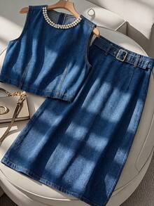 GlowEve Top corto de mezclilla sin mangas con decoración de perlas para mujer - Azul - Ver 1