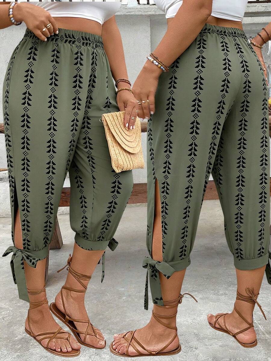 Breezaya Plus Size High Waist Drawstring 7/8 Pants, Spring/Summer - Army Green - View 1