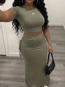 Slaydiva New Early Spring, Spring And Summer Music Festival, Valentine's Day, Easter, Bohemian Style, Nomadic Style, Casual, Simple And Basic, Cruise Party, Birthday Party, Daily Date, Casual Vacation, Elegant Commuting, Round-Neck Short-Sleeved, Ultra-Crop Top, T-Shirt + Side Drawstring, Bodycon Skirt, H-Shaped Long Skirt, Gray-Brown Set, Women's Two Pieces Set -A - Grey - View 3