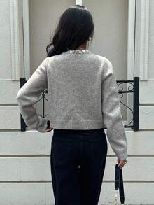 Siren Gaze Áo khoác cardigan dài tay phối ngọc trai, kiểu dáng thời trang nữ, cổ tròn, thích hợp mặc mùa thu/đông. - Màu Khaki - Xem 2