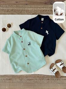 SHEIN Bộ 2 áo sơ mi ngắn tay màu trắng trơn, kiểu dáng thường ngày dễ thương, đơn giản dành cho bé trai, thích hợp cho tiệc sinh nhật, tiệc tùng, biểu diễn, đám cưới. - Nhiều màu - Xem 3