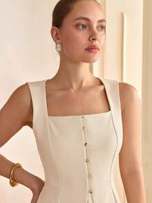 CLARA VERO Women's Square Neck Front Button Waist Sleeveless Blazer - White - View 7