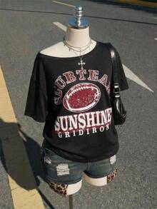 SHEIN ICON Plus Size Women Y2K Vintage Football Graphic Oblique Shoulder Loose Casual T-Shirt - Multicolor - View 1