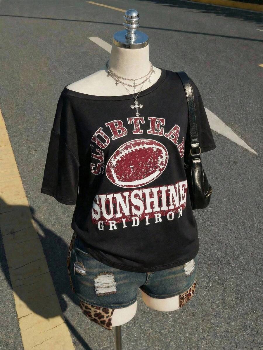 SHEIN ICON Plus Size Women Y2K Vintage Football Graphic Oblique Shoulder Loose Casual T-Shirt - Multicolor - View 1