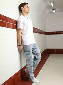 Logeqi® Jeans Vaquero Lavado Versátil Baggy Sueltos Multi-Bolsos Streetwear Casual De Hombre de Color Azul Claro - Azul - Ver 5