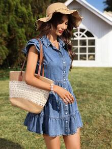 Breezaya 女士休闲宽松牛仔连衣裙，荷叶边下摆，轻盈面料 - 淺色水洗藍 - 查看 6