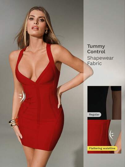 Nuvra Women's Red Backless Sexy Criss-Cross Strap Bodycon Bandage Knit Mini Dress For Vacation Tummy Control Dress Shapewear Dress Red Sexy Dress Bandage Dress For Women Tube Dress