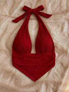 Soleia Textured Fabric Triangle Hem Fitted Halter Neck Tank Top, Suitable For Vacation, Music Festival, Bohemian, Holiday, Date, Afternoon Tea,Summer Top - Burgundy - View 5