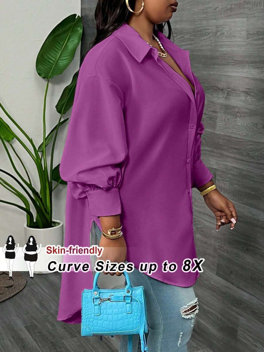 SHEIN CURVE+ 加大码白色长袖灯笼袖衬衫，春季 - 紫色 - 查看 1