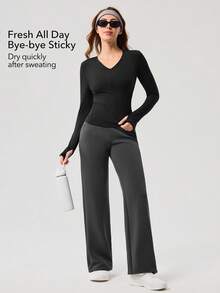 OutZeal 女士运动T恤 黑色瑜伽健身服 速干长袖V领修身上衣 - 黑色 - 查看 2