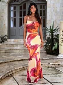 Opulessa Vacation Knit Mesh Printed Open Back Dress For Women, Spring/Summer - Multicolor - View 4