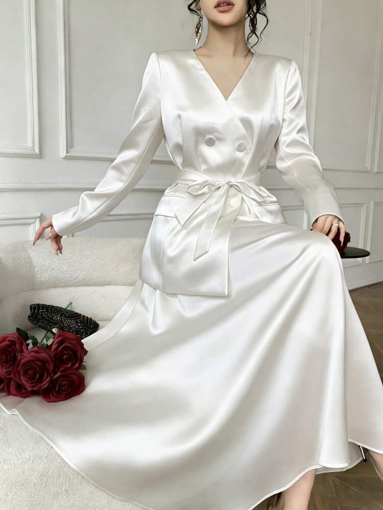 Spring & Summer Blue Two Pieces Satin Formal Dress, Elegant Fit & Flare Silhouette, Suitable For Valentine's Day, Wedding, Party, Cocktail Events