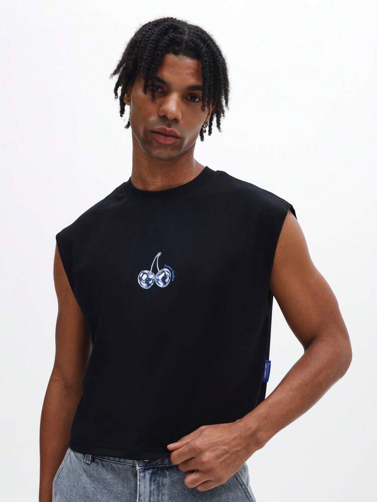 Canotta da uomo senza maniche con grafica di ciliegie, collo a equipaggio, stile estivo fashion, top muscolare, design vintage con stampa di frutta