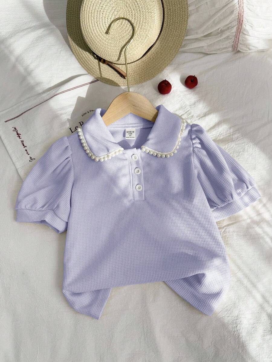 Elladie kids 优雅女童短袖T恤，花瓣袖设计，彼得潘领，时尚优雅，夏季 - 紫色 - 查看 1
