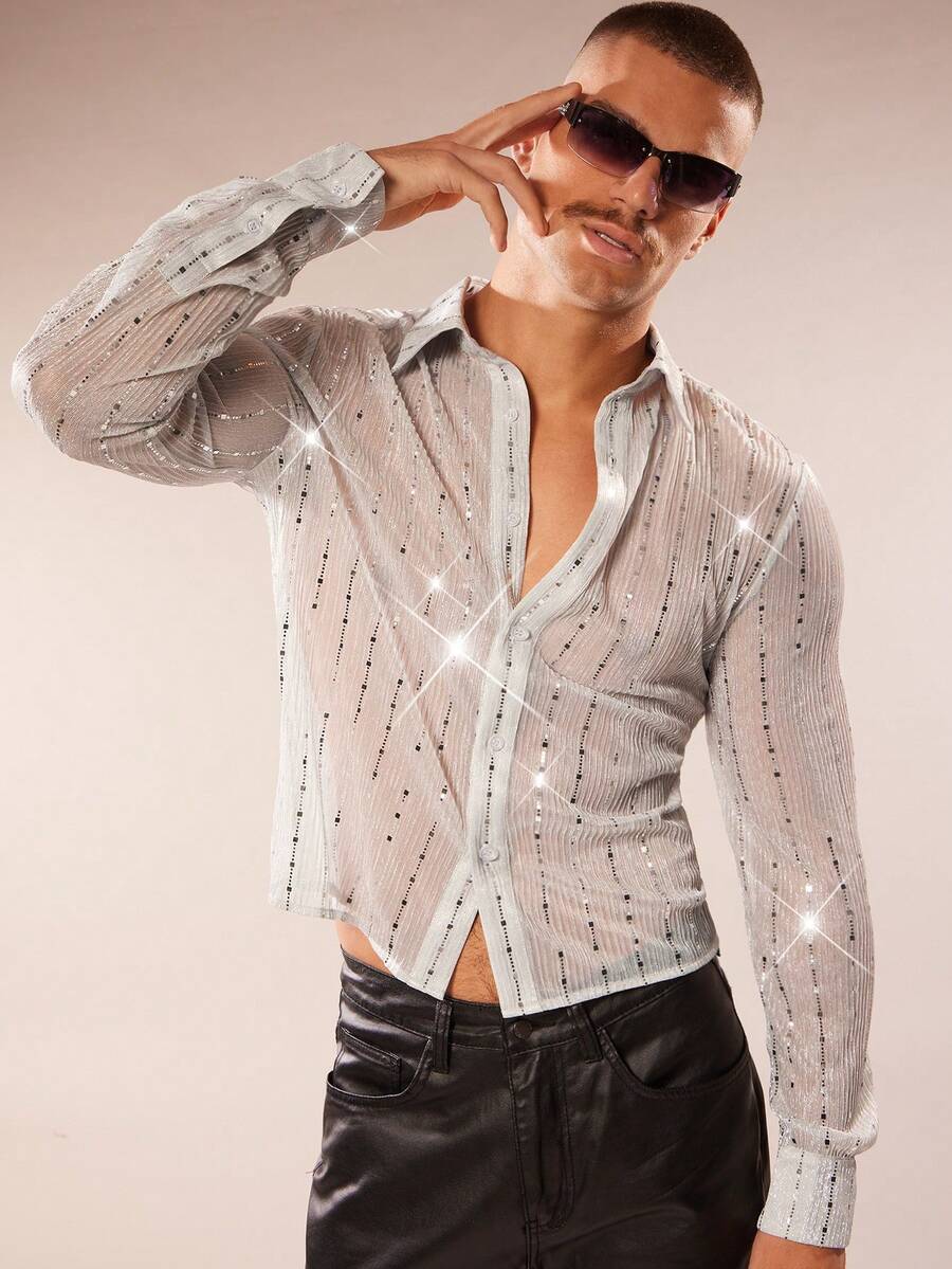 FeverCity Men's Sequin Embellished Long Sleeve Casual Shirt - Silver - View 1