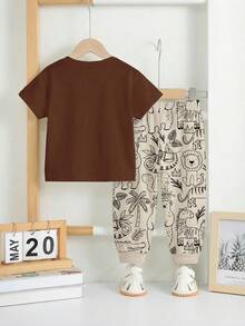 Bubblio 男婴休闲宽松舒适短袖T恤裤套装（2件），适合春夏穿着，经典可爱图案：斑马、老虎、棕熊、狮子、松鼠、河马、大象卡通动物世界印花 - 彩色 - 查看 4