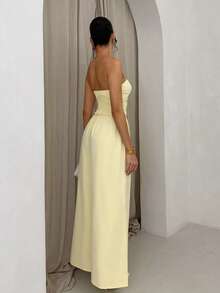 SHEIN Glamour Mono de pierna ancha con pliegues y sin tirantes, unicolor y sexy, adecuado para graduación y baile de graduación - Amarillo - Ver 2
