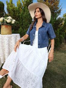 SHEIN Tall Women's Short Sleeve Single-Breasted Casual Pocket Denim Shirt, Tall Women - Blue - View 7