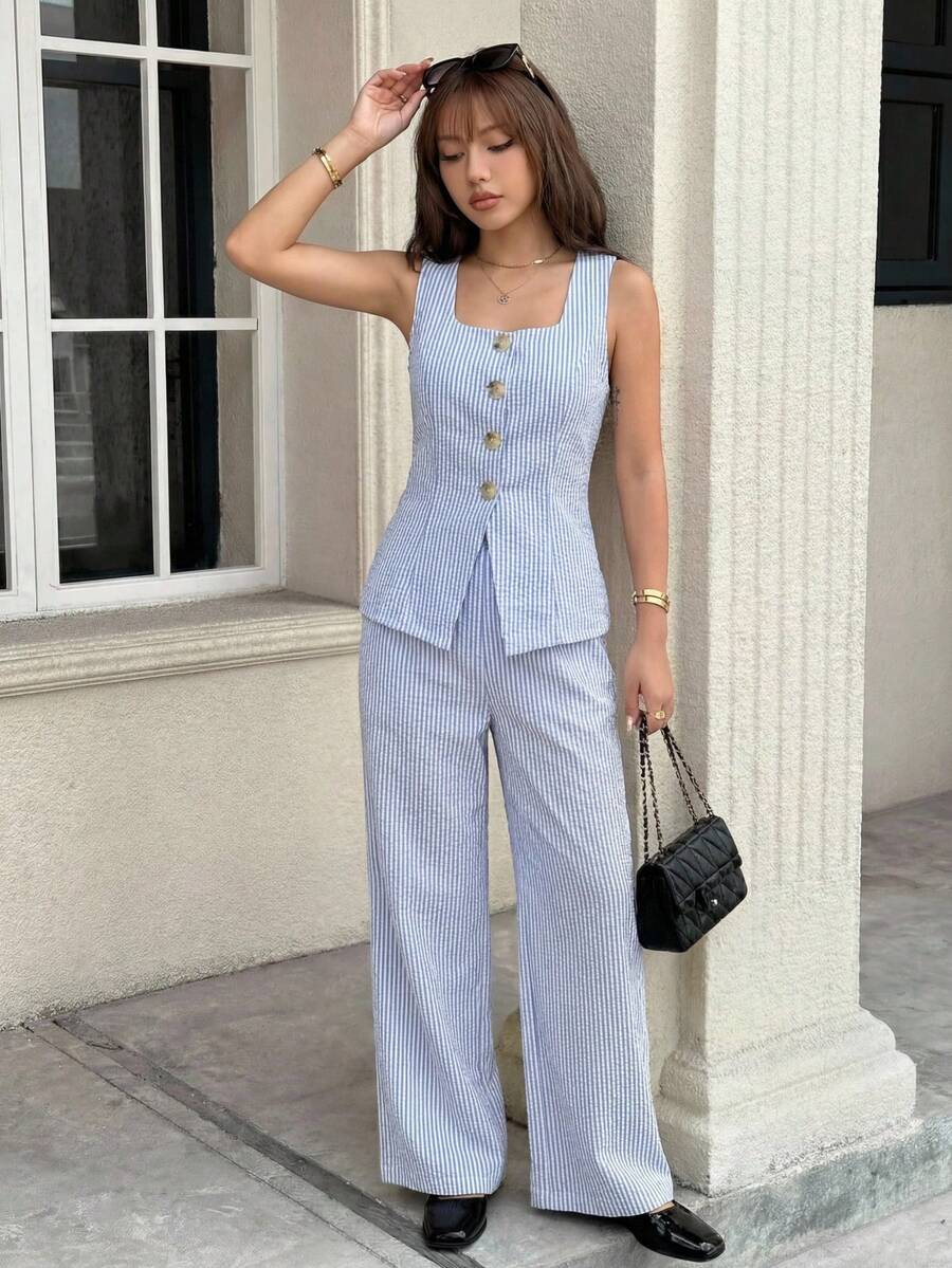 SHEIN 少女蓝白条纹休闲度假单排扣背心和裤子套装 - 藍白色 - 查看 1