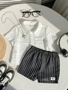 SHEIN 2pcs/Set Baby Boy Toddler Casual Vacation Style Polo Collar Shirt And Black Striped Shorts Set, Spring/Summer Baby Boy Clothes, Outfit Set - White - View 4