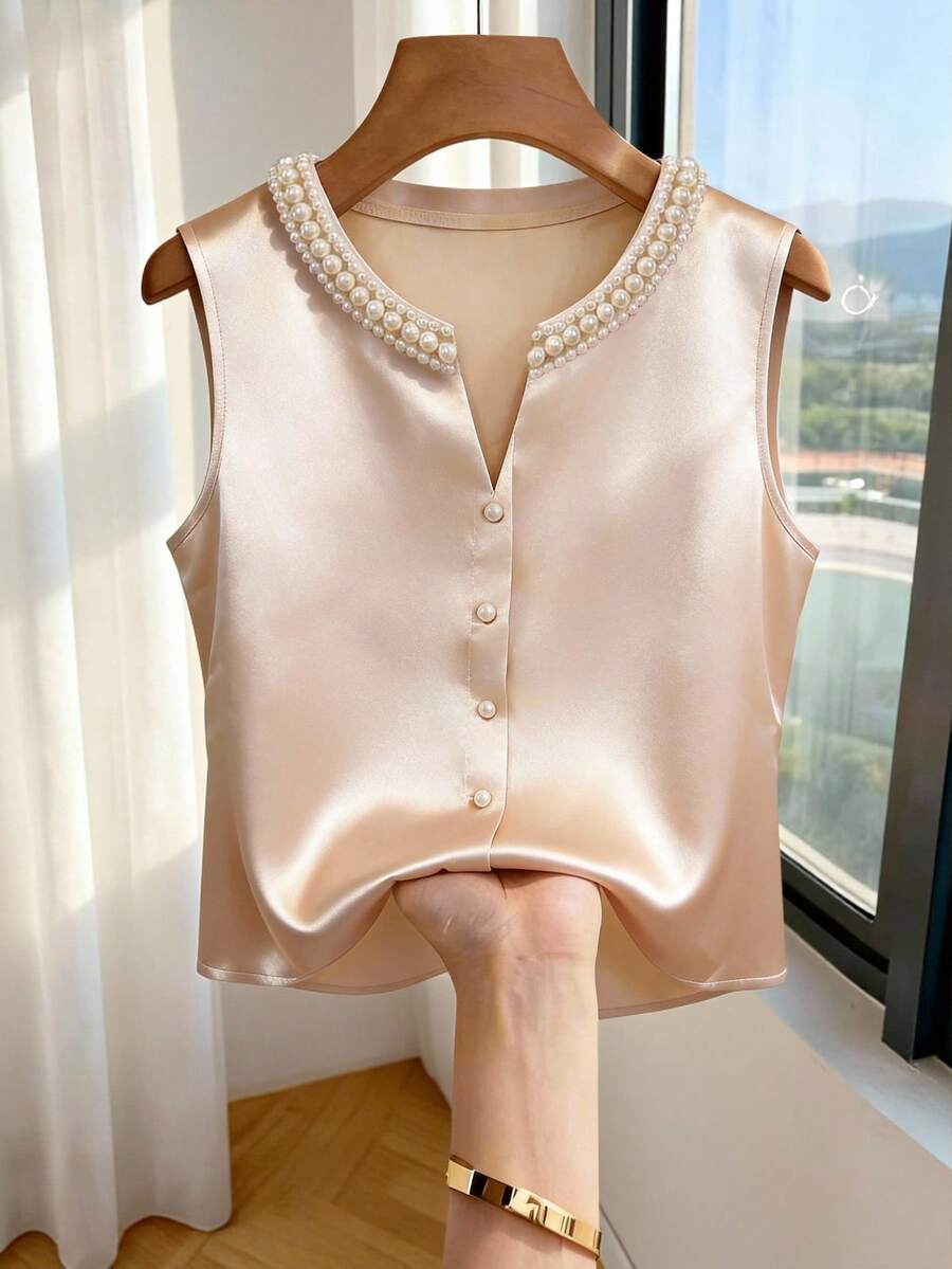 Franclia Women's Beige Summer Elegant Office Satin Tank Top,Sleeveless V-Neck Pullover With Pearl Button & Embellishments,Loose Fit Fashionable Casual Blouse