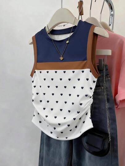 GlowEve Women's Heart Print Pleated Casual Tank Top