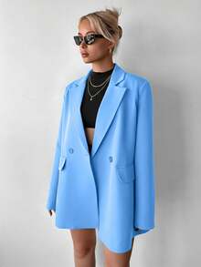 EURMUSE Women's Solid Color Notched Collar Casual Versatile Commuting Long Sleeve Blazer - Baby Blue - View 4