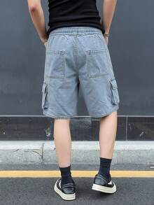 Manfinity Hypemode 男士抽绳腰带工装口袋休闲牛仔短裤 - 淺色水洗藍 - 查看 2