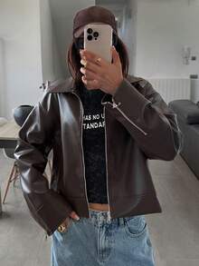 DAZY Women's Loose Fit Lapel PU Jacket, Suitable For Spring Outings And Autumn/Winter - Coffee Brown - View 4