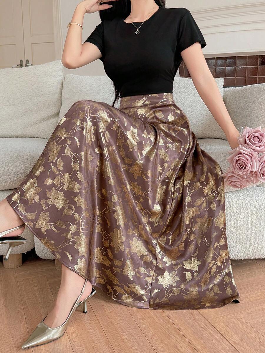 DAZY 女士优雅花卉箔印中长裙 - 棕色 - 查看 1
