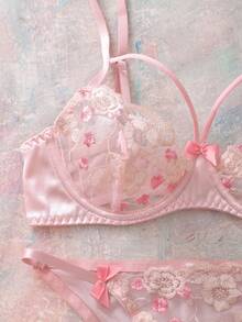 2件套刺绣蝴蝶结丝滑内衣套装，粉色 - 粉色 - 查看 8