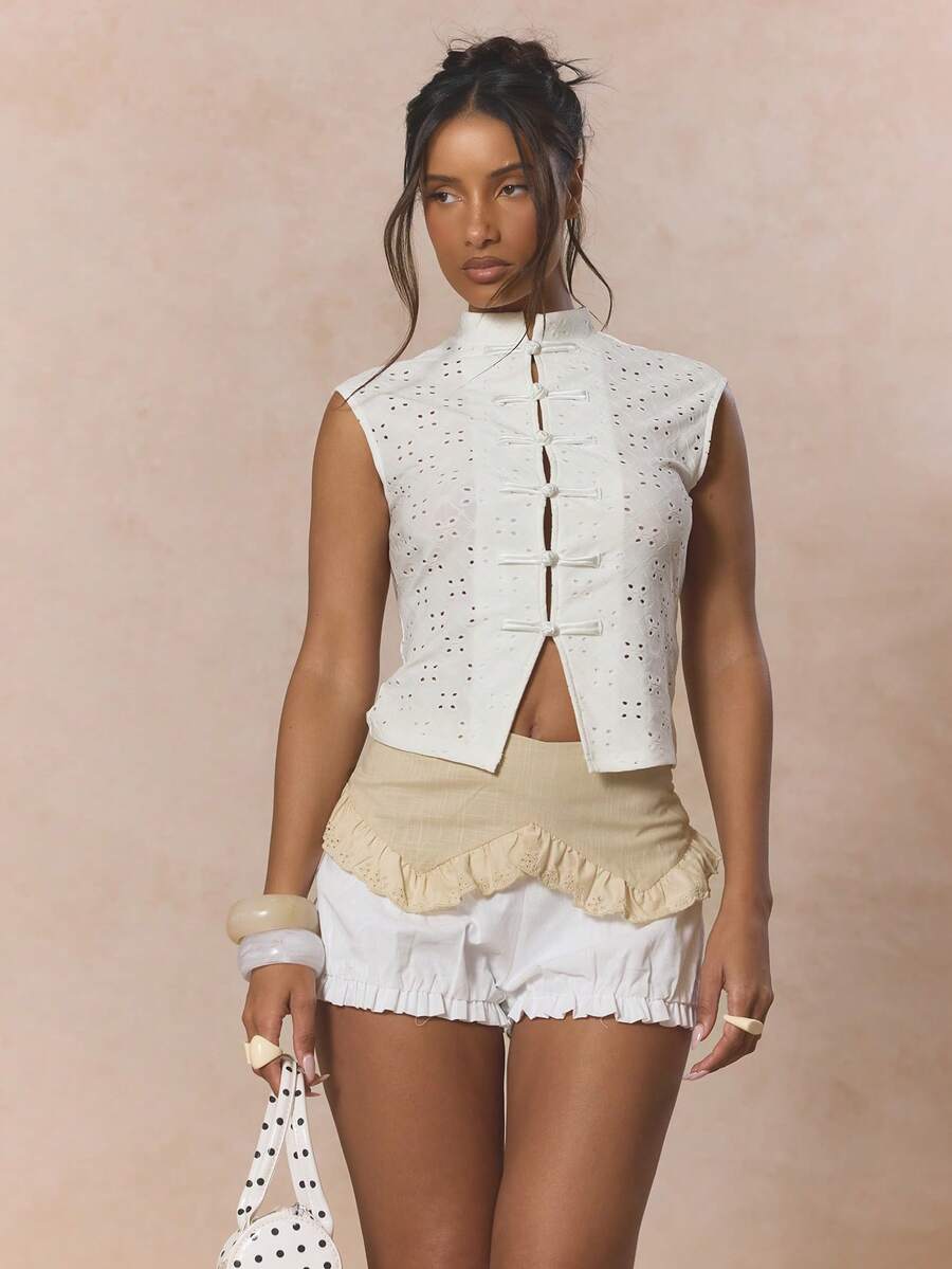 MUSERA High Neck Front Fastening Detail Broderie Cap Sleeve Top Cute Spring Holiday Girly Sugar Salt - Beige - View 1