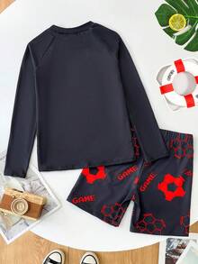 SHEIN Bộ đồ bơi hai mảnh kiểu tankini phát sáng trong bóng tối dành cho bé trai tuổi teen, thích hợp cho mùa xuân/hè và kỳ nghỉ biển. - Đỏ - Xem 2