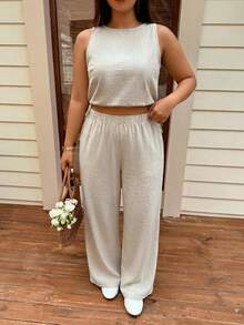 SHEIN EZwear Bộ đồ 2 món dành cho nữ cỡ lớn, màu trơn, cổ tròn, gồm áo tank top và quần dài cạp chun, kiểu dáng thường ngày. - Màu be - Xem 7