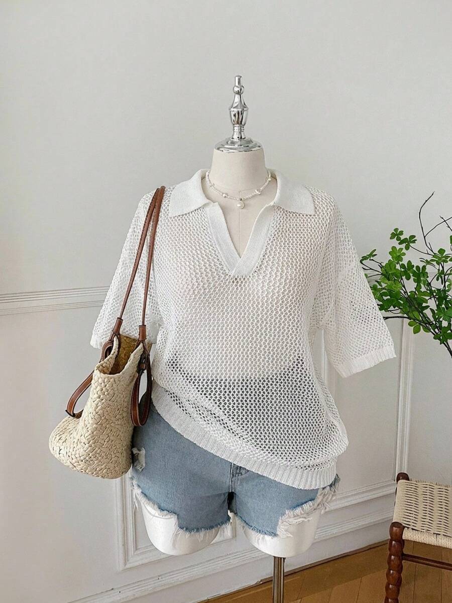 SHEIN EZwear 大码休闲纯色镂空针织毛衣 - 白色 - 查看 1