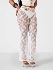 Vadaroq Women's Spring/Summer Streetwear Going Out Vacation Vintage Chic Lace Western Wear Mid Rise White Flare Pants - White - View 7