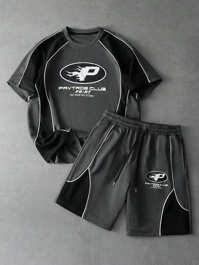 PAVTROS 2pcs/Set Men's Casual Street Style Sports Outfit, Short Sleeve T-Shirt And Elastic Waist Shorts, Round Neck Knit Set, Oversized Silhouette, Sports Style, Low Saturation Color Palette With Elevated Look, Contrast Stitching Accents, Streamlined Fit, Versatile For Street, Outdoor, Racing Events, Parties, Unisex & Couples, Holiday Gift