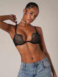 SHEIN BAE 女士细肩带露背印花时尚罩杯文胸 - 黑色 - 查看 4