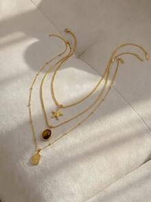 Resyla 3 件套不锈钢金黄色时尚简约海星玫瑰花太阳脸吊坠项链套装，适合日常佩戴或送礼 - 金黃色 - 查看 3