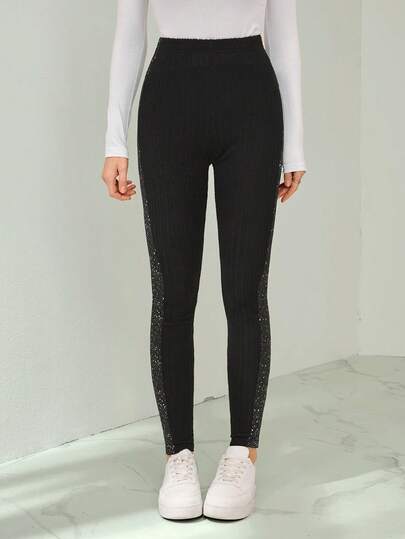 SHEIN Tall Women's Fashionable Commuter Glitter Patchwork Leggings Winter Clothes For Women Women's Fall Clothes Christmas Stylish Women's Pants Christmas,Fall,Fall Clothes For Women New Year Clothes